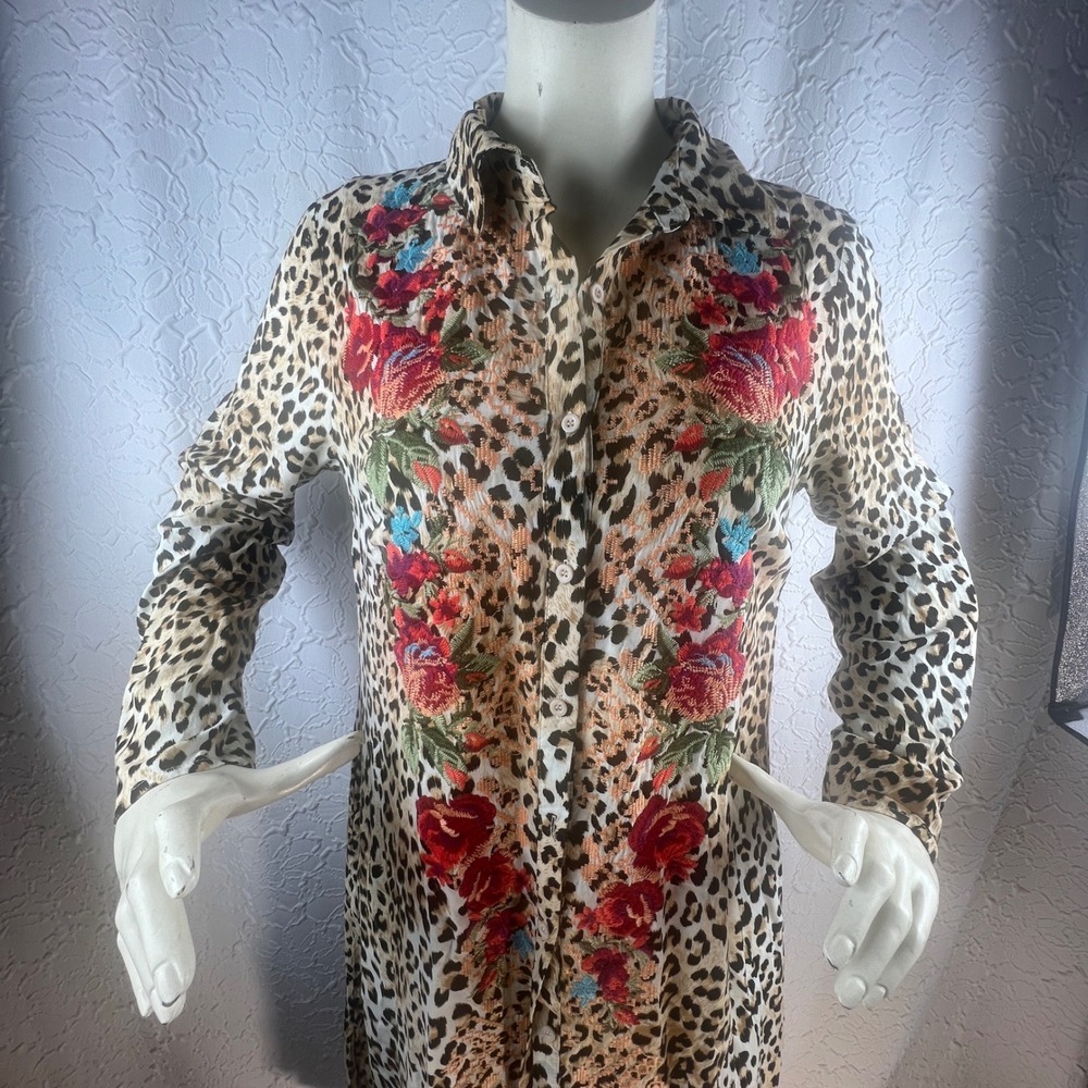 Savanna Jane Leopard Floral Embroidered Button Down Maxi Shirt Dress Size M - Picture 8 of 11